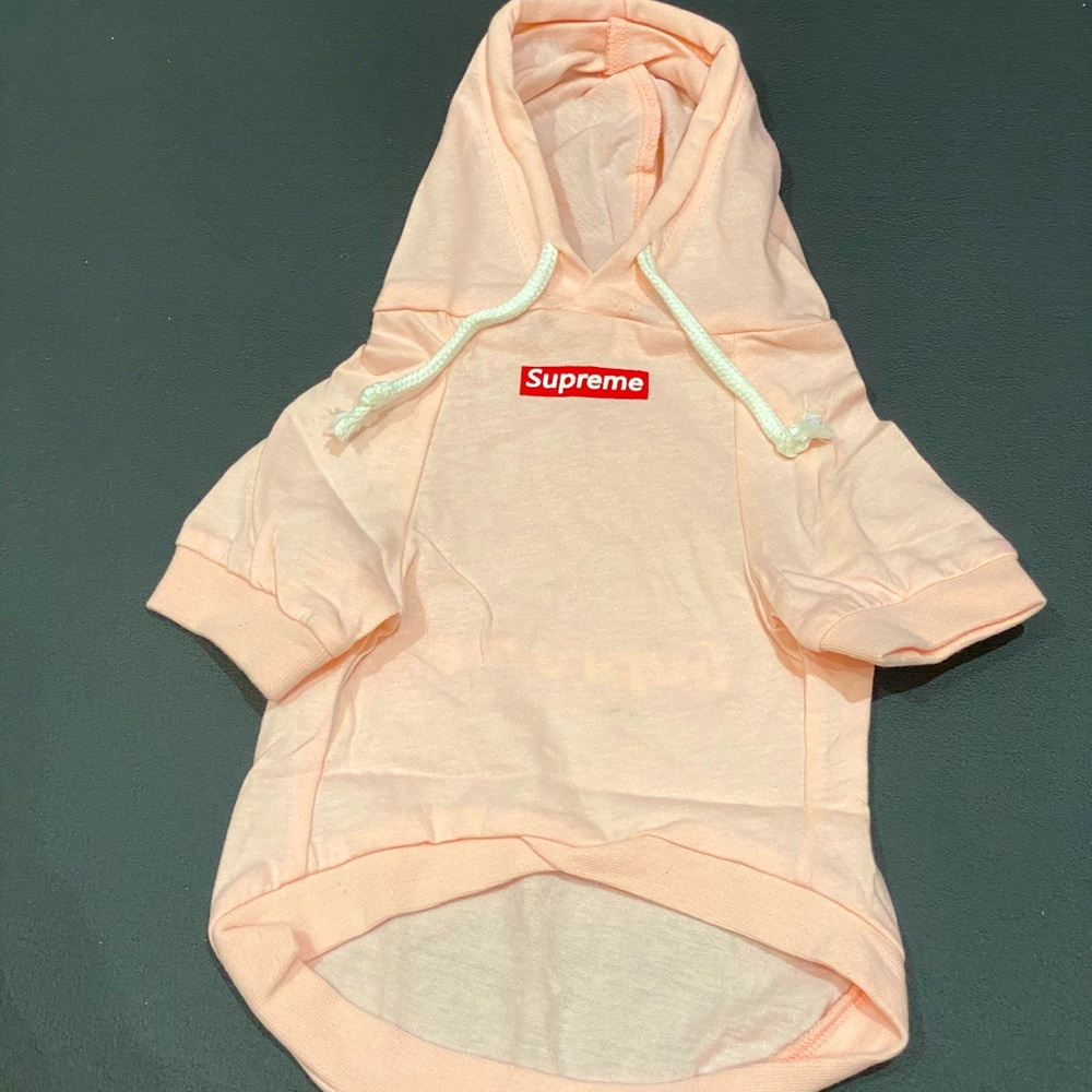 Adorable Supreme pink dog hoodie.